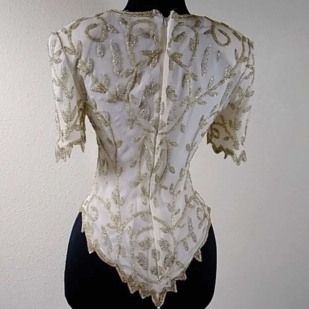 VTG Laurence Kazar New York Silk Gold Formal SquinWomen Top Blouse Size SP
